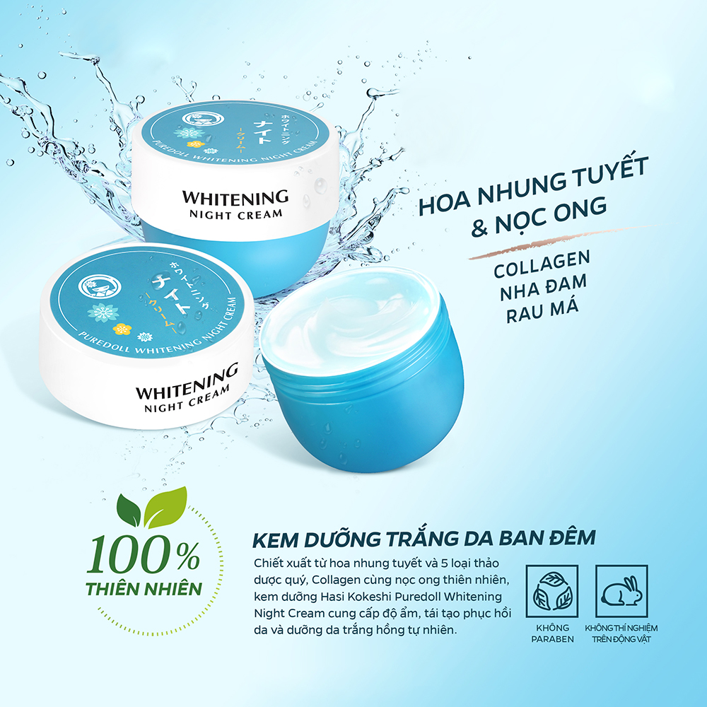 Kem Dưỡng HASI Kokeshi Trắng Da BAN ĐÊM Collagen &amp; Hoa Nhung Tuyết