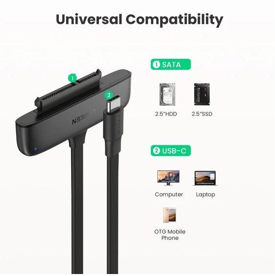 Ugreen UG70554CM308TK 0.5M màu đen đọc ổ 2.5 inch SATA ra USB type C 50cm - HÀNG CHÍNH HÃNG