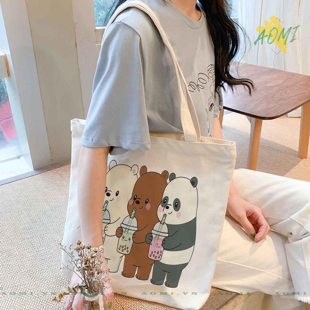 TOTE CANVAS GẤU WE ARE BEARS TÚI VẢI ĐEO VAI BAG KHÓA KÉO SIZE LỚN 33x38cm AOMIVN MÀU ĐEN TRẮNG