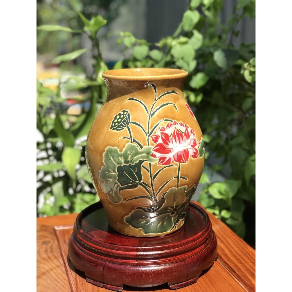 Bình Hoa Sen Ốm Da Lươn Gốm Sứ Nam Bộ,Trang Trí Decor,Cấm Hoa,Lọ Hoa,Gốm Thủ Công Vẽ Tay