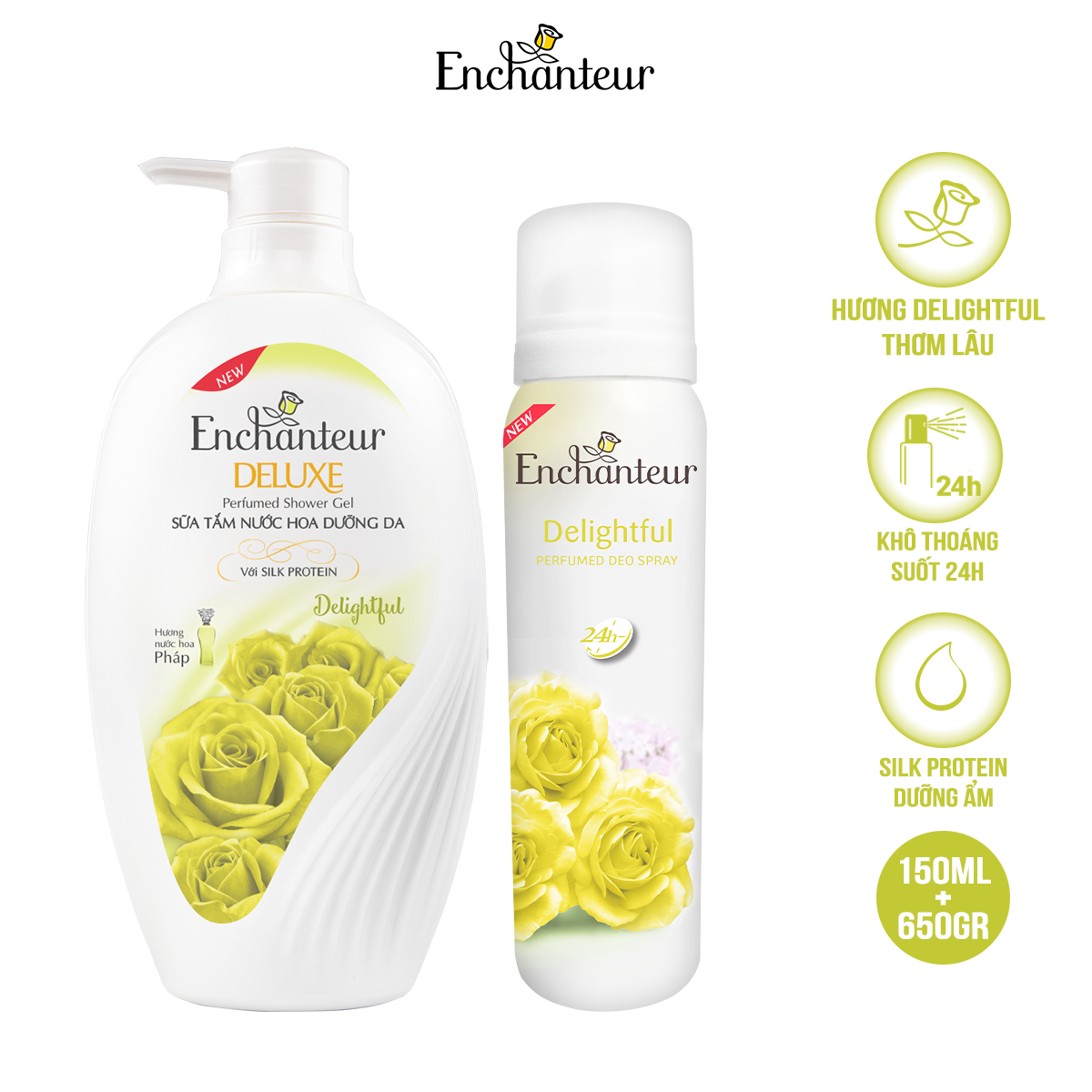 Combo Sữa Tắm Nước Hoa Dưỡng Da Delightful 650G + Xịt Khử Mùi Hương Nước Hoa Delightful 150ml