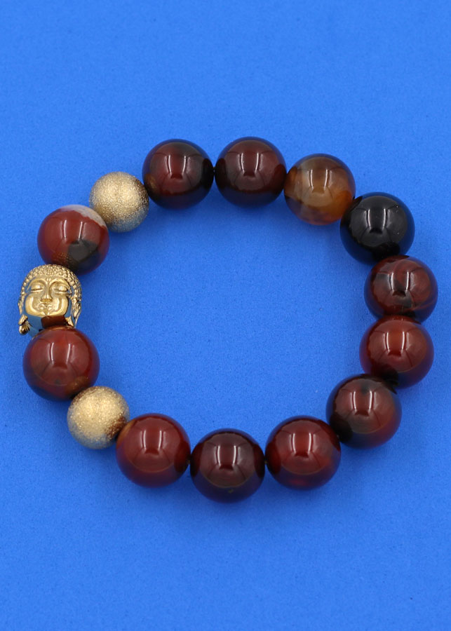 Chuỗi hạt đeo tay Thạch Anh Nâu 14 ly - Vòng tay Phật A Di Đà inox vàng VTANNLVHB14 - Vòng đeo tay size lớn