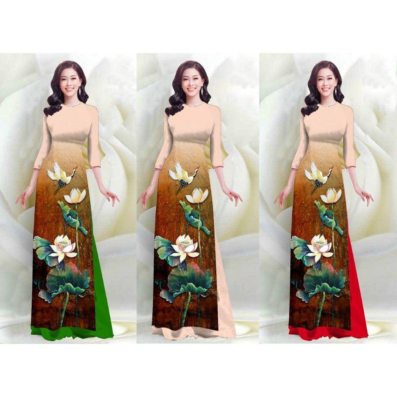 SÉT ÁO DÀI LỤA HỌA TIẾT SEN HẠC 4D VN