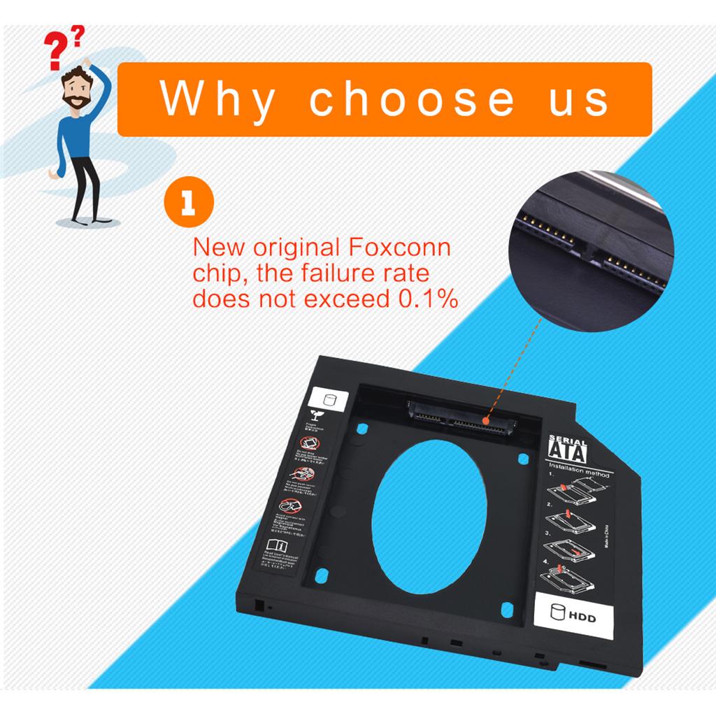 ABS 9.5mm SATA3.0 SSD HDD Hard Drive Caddy Optical Bay Bracket for Laptops Black