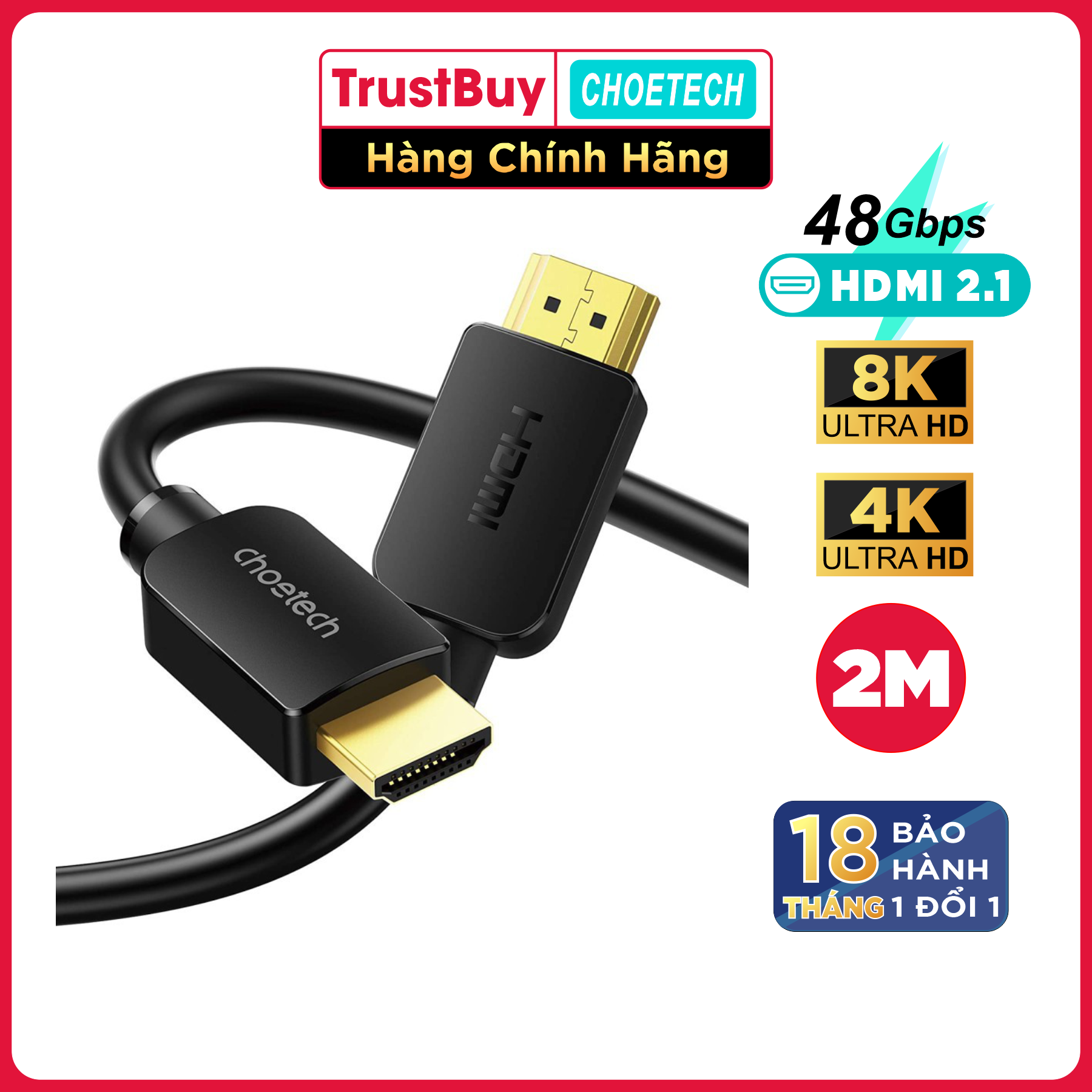 Dây Cáp HDMI 2.1 CHOETECH XHH03-BK Dài 2M Phân Giải Tối Đa 8K 48Gbps, 4K 120Hz Dùng Cho Tivi/Laptop/Playstation/PC - Hàng Chính Hãng