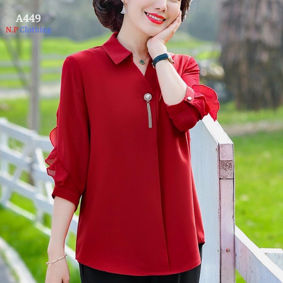 ÁO SƠ MI TRUNG NIÊN TAY LỠ 2 MÀU XANH+ĐỎ THANH LỊCH KÈM PHỤ KIỆN , CÓ BIG SIZE