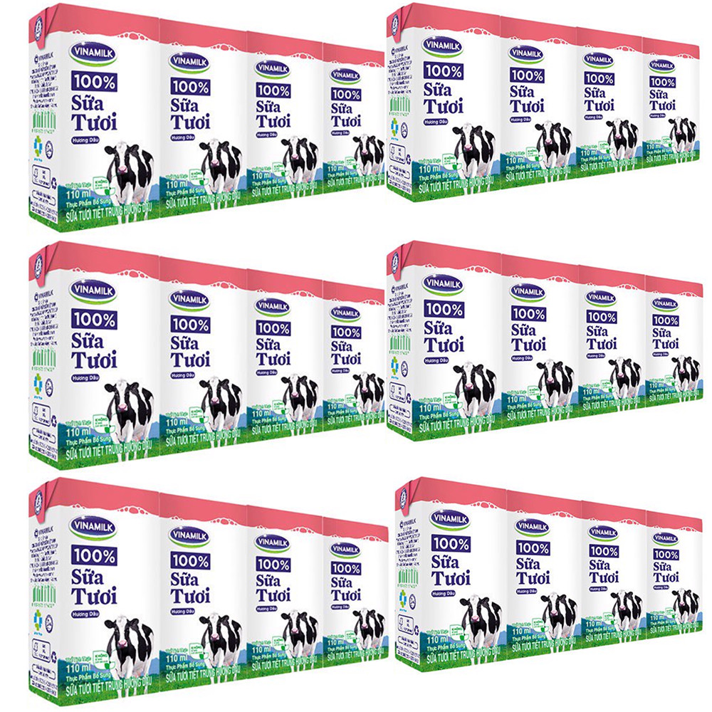 COMBO 6 LỐC SỮA TƯƠI TIỆT TRÙNG VINAMILK 100% HƯƠNG DÂU - LỐC 4 HỘP X 110ML