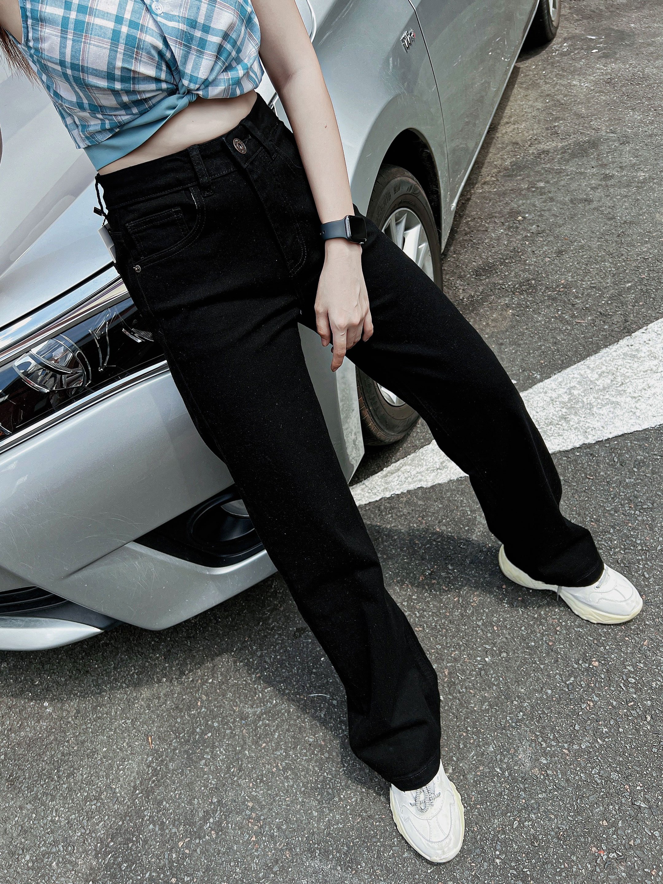 Quần Jeans ống suông đứng cạp cao dáng dài 2 màu đen và xám HQJEANS