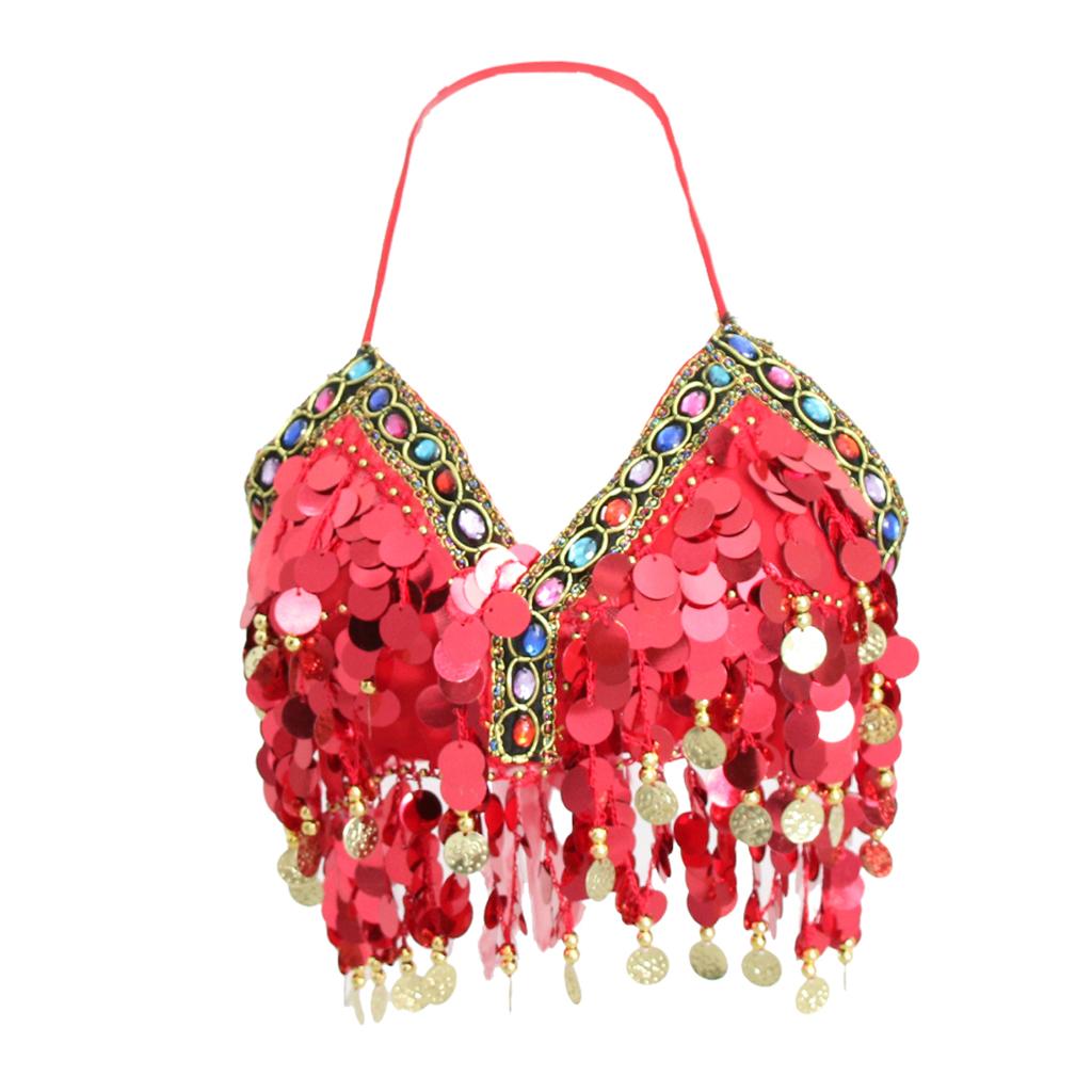 Womens Sparkling Belly Dance Bra Sequins Tassel Coins Top Samba Dancing Costume