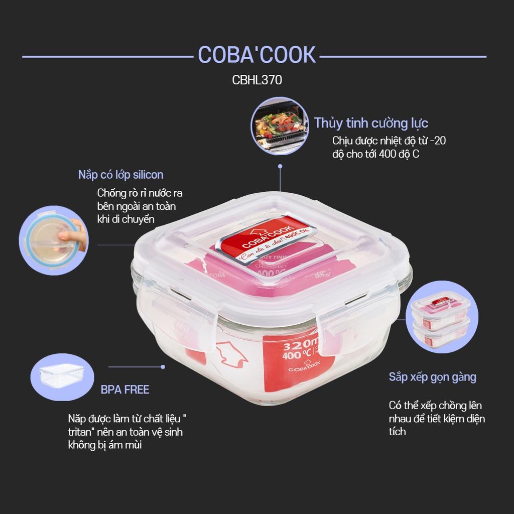 Bộ 2 hộp thủy tinh trữ thức ăn thực phẩm chịu nhiệt COBACOOK hình vuông dung tích 520ml- CCS52
