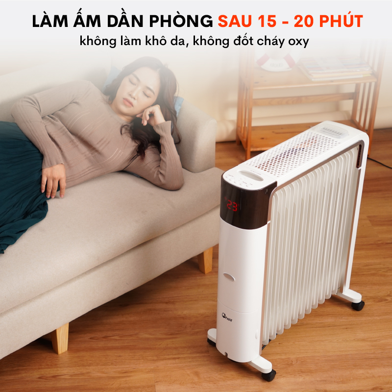 Máy sưởi dầu điều khiển từ xa nhập khẩu FujiE OFR7813,13 thanh sưởi sử dụng phòng 30m2, bảng điều khiển điện tử  tăng giảm nhiệt độ- Hàng CHính Hãng