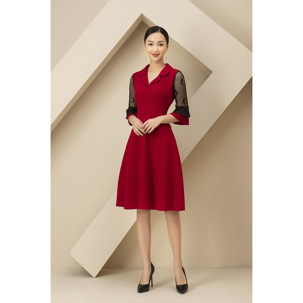 Đầm Nữ Công Sở LUPERI LFV398 Dáng Xòe Cổ Ve Phối Ren Cao Cấp