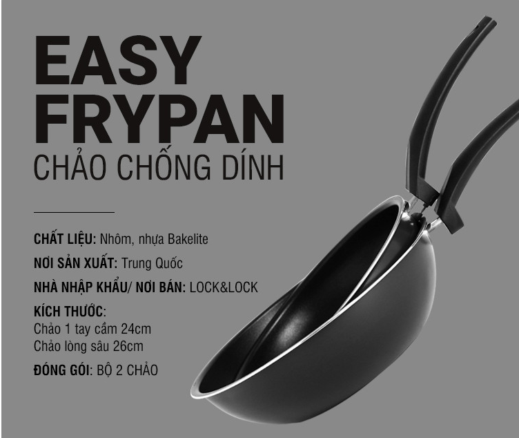 Bộ 2 Chảo Nhôm Chống Dính Easy Frypan Lock&amp;Lock 2P Set LEY1243S2 Không Dùng Trên Bếp Từ - Hàng Chính Hãng Tăng Combo Ống Hút + Cọ Rửa