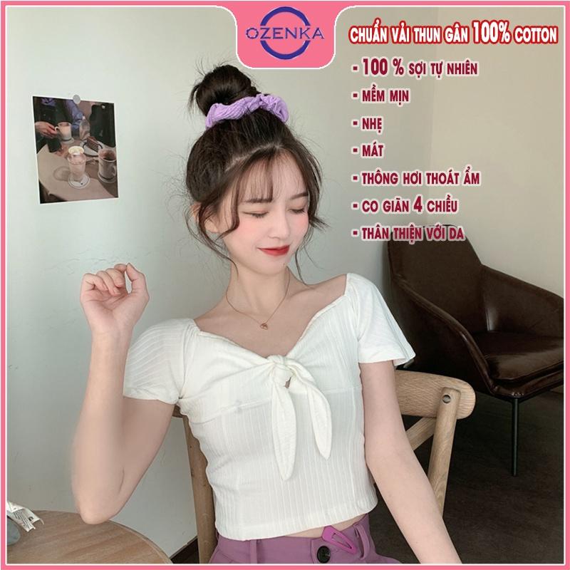 Hình ảnh Áo croptop ngắn tay cánh tiên nữ, áo thun ôm trễ vai gợi cảm nữ tính thun gân 100% cotton đen trắng dưới 50kg