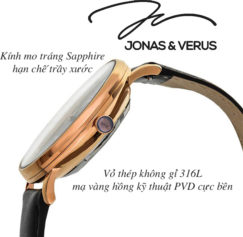 Đồng hồ đeo tay Nam hiệu JONAS &amp; VERUS Y01562-A0.PPBLB, Máy Cơ (Automatic), Kính Sapphire chống trầy xước, Dây da Italy