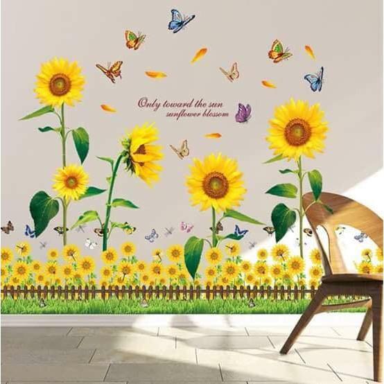 Decal dán tường Combo hàng rào hoa hướng dương nâu + hoa hướng dương