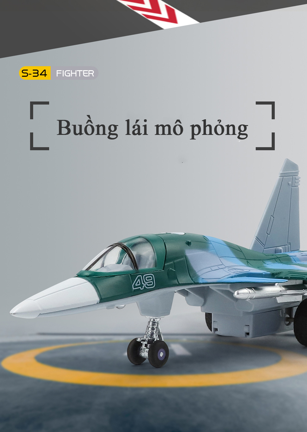 Mô hình máy bay tiêm kích ném bom Su-34 bằng hợp kim có nhạc và đèn chạy cót kèm chân đế