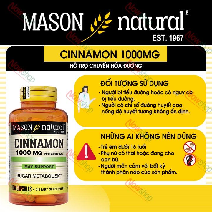 Viên uống hỗ trợ chuyển hóa và ổn định đường huyết Mason Natural Cinnamon 1000mg