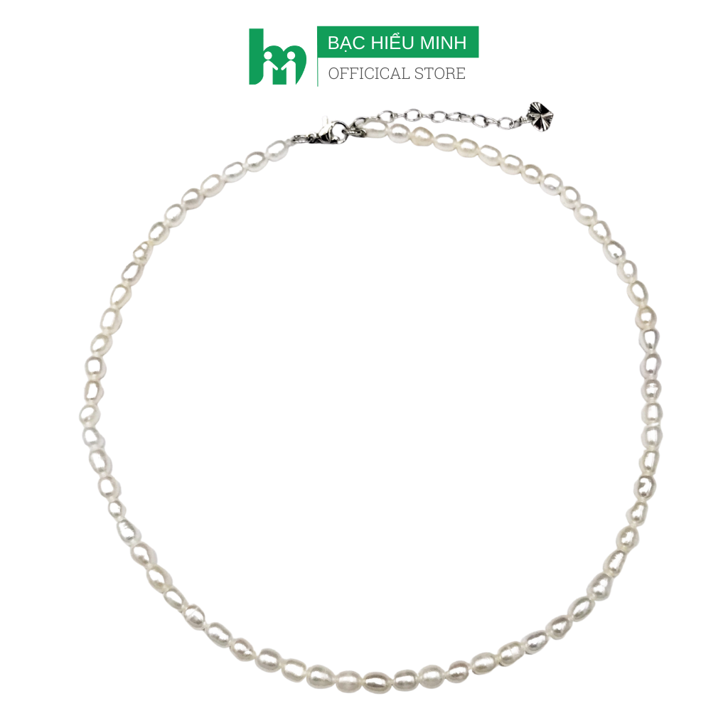 Vòng Cổ Dây Chuyền Ngọc Trai Nuôi Hạt Gạo 3-4 ly Nhỏ Nhắn, Vòng Cổ Choker Ngọc Trai Thật 100%, Đẹp Tự Nhiên 38cm- Bạc Hiểu Minh NT001