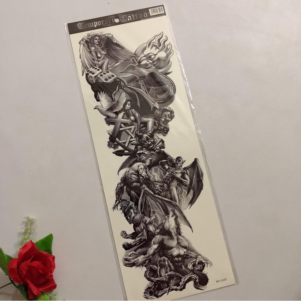 Hình xăm dán cao cấp kín tay 17x48cm thiên thần sói trắng đen