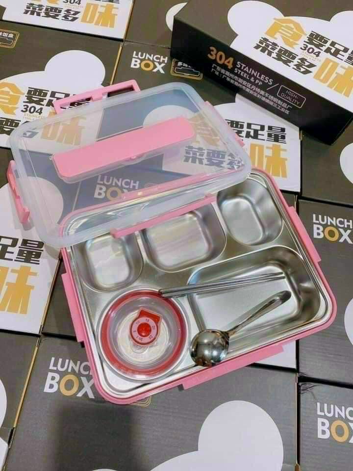 Khay hộp cơm inox chia 5 ngăn giữ nhiệt kèm thìa và đũa ăn