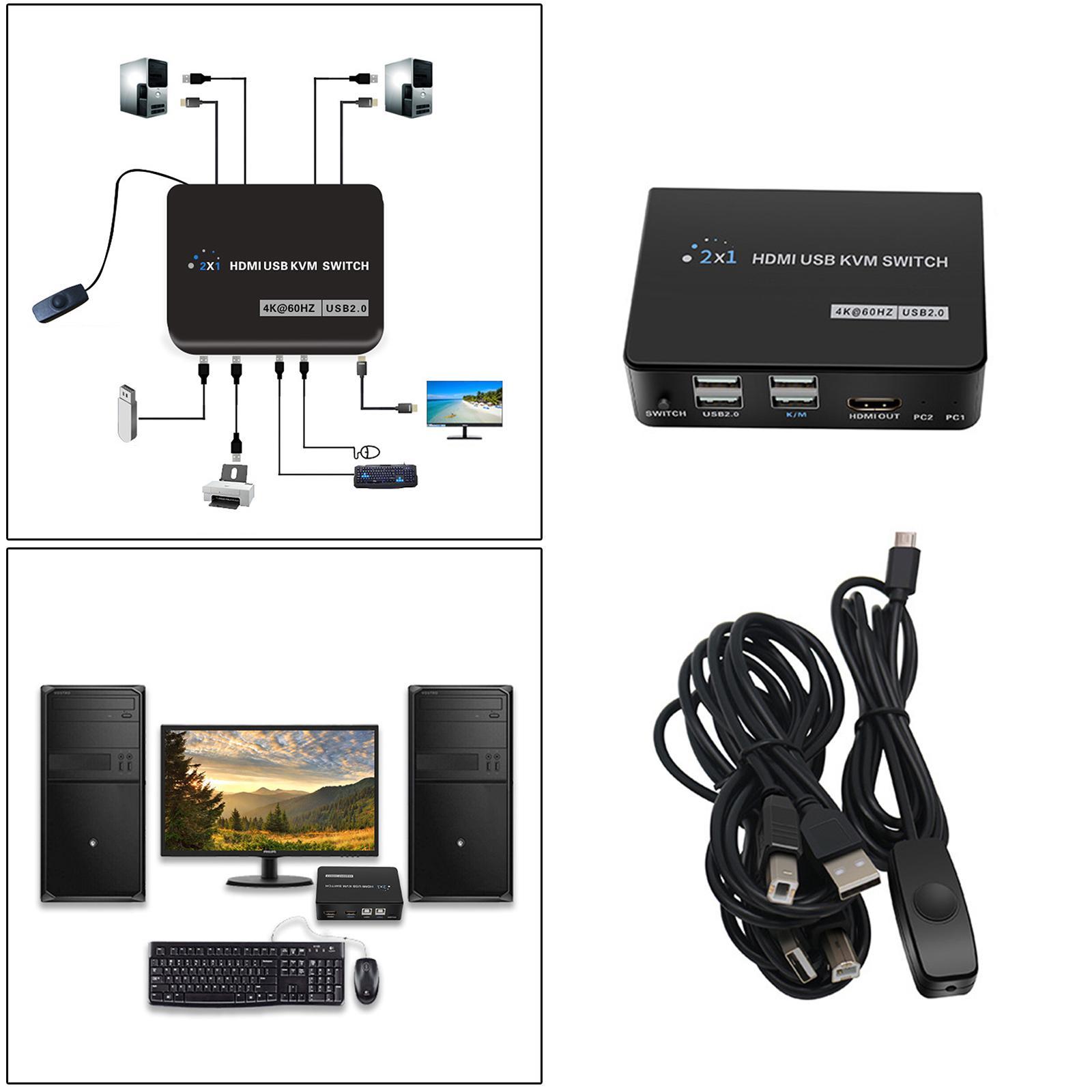 2x HDMI KVM Switch 2 Port Box, 2 USB 2.0 Hub, UHD 4K@60Hz, 2 in 1 Out, USB Powered, Share 1 Set Keyboard Mouse Printer And Monitor