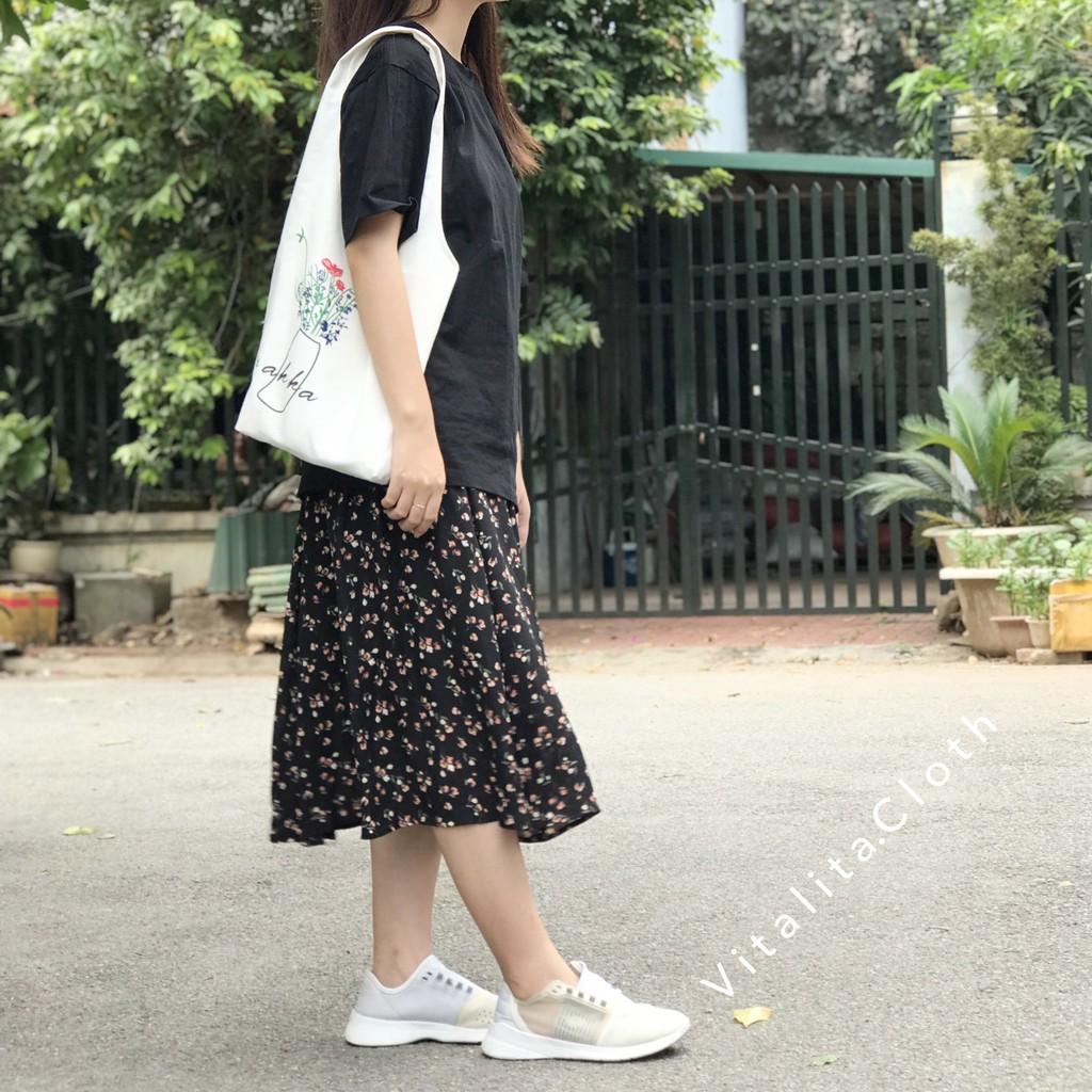 Chân váy hoa nhí Vintage vải voan 2 lớp eo chun dáng dài phong cách Ulzzang Hàn Quốc - MIX đồ cực xinh