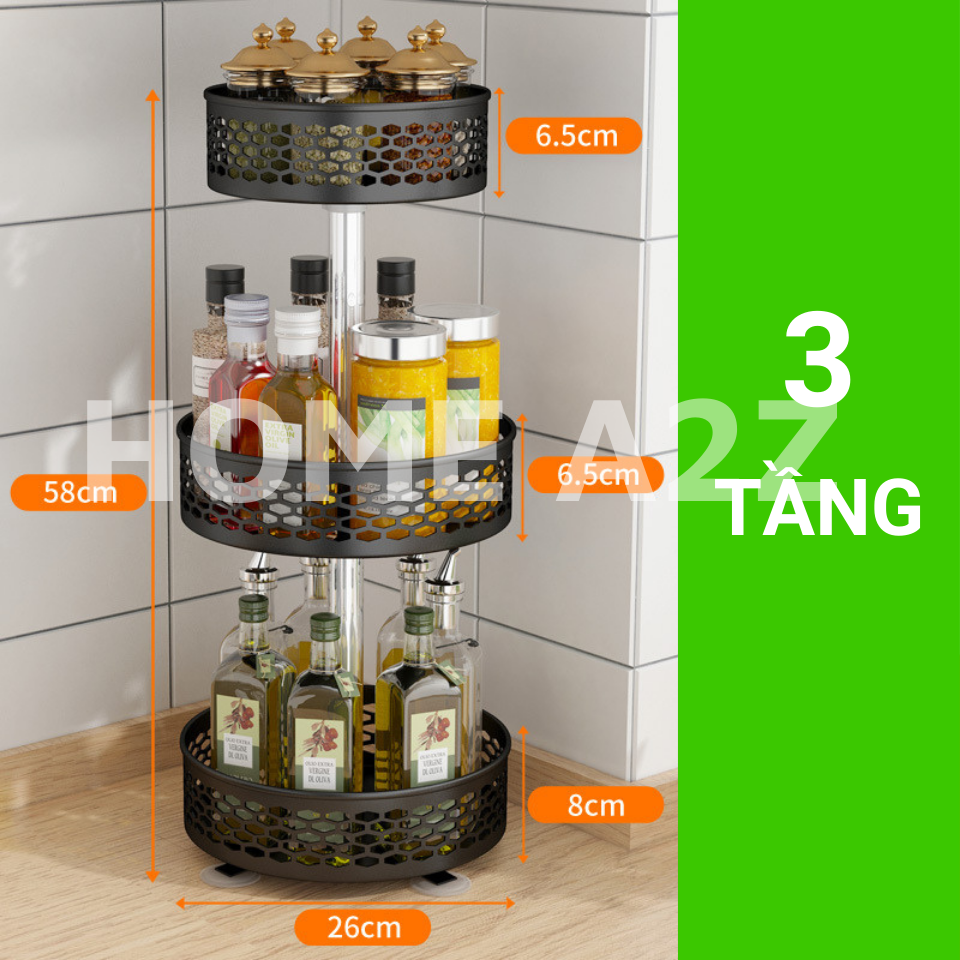 Kệ Gia Vị Xoay 360 Thép Carbon Sơn Tĩnh Điện Cao Cấp, Kệ Xoay Gia Vị Nhà Bếp 1/2/3 Tầng