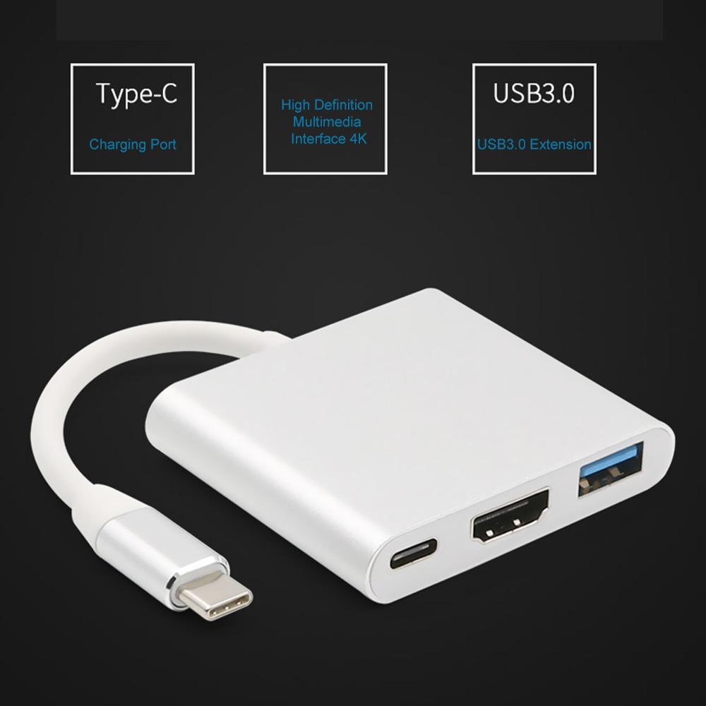 USB3.1 Type-C sang Giao diện đa phương tiện độ nét cao Bộ chuyển đổi 4k 3 cổng Thiết bị chuyển đổi Cáp hỗ trợ Tương thích cho - Bạc