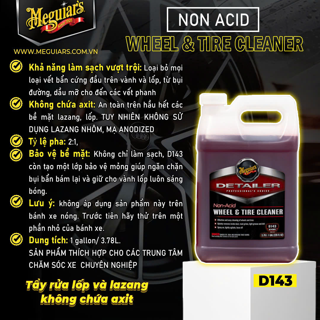 Dung dịch làm sạch bề mặt lốp và lazang (mâm) không chứa axit Meguiar's Non Acid Tire &amp; Wheel Cleaner, 1 Gallon, D14301