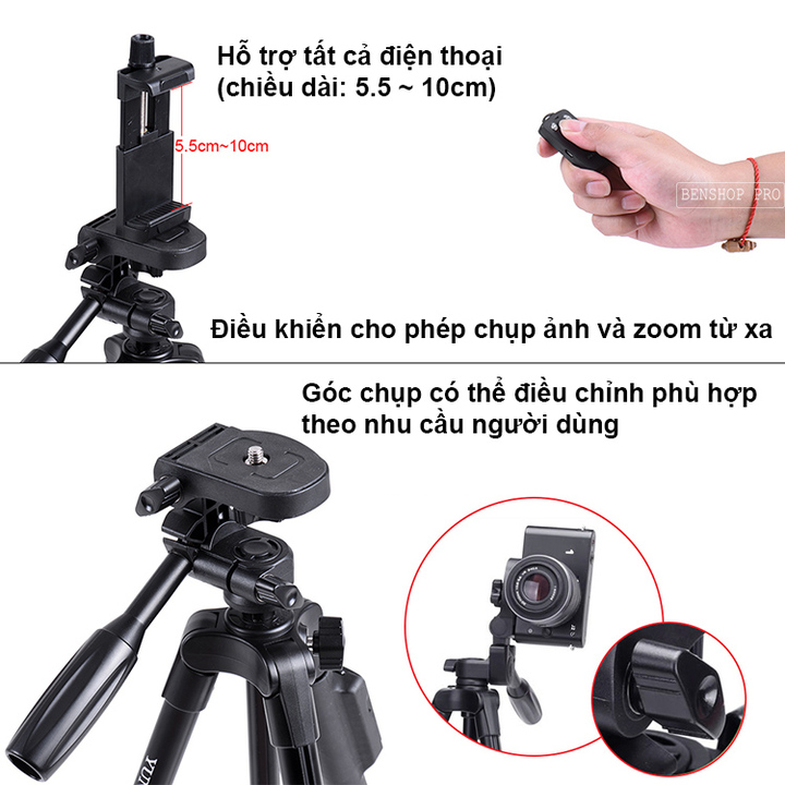 Combo Chân Máy Tripod 5208 + Đầu kẹp + Remote + Cáp + Túi đựng