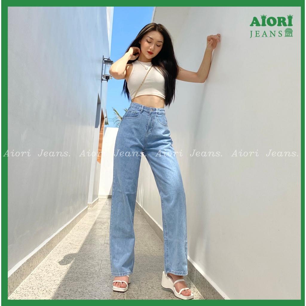 Quần Jeans Nữ, Quần Bò Nữ Aiori Ống Rộng Cạp Cao Trơn Kiểu Bò Suông Phong Cách Thời Trang Hàn Quốc Ulzzang_Mã A003