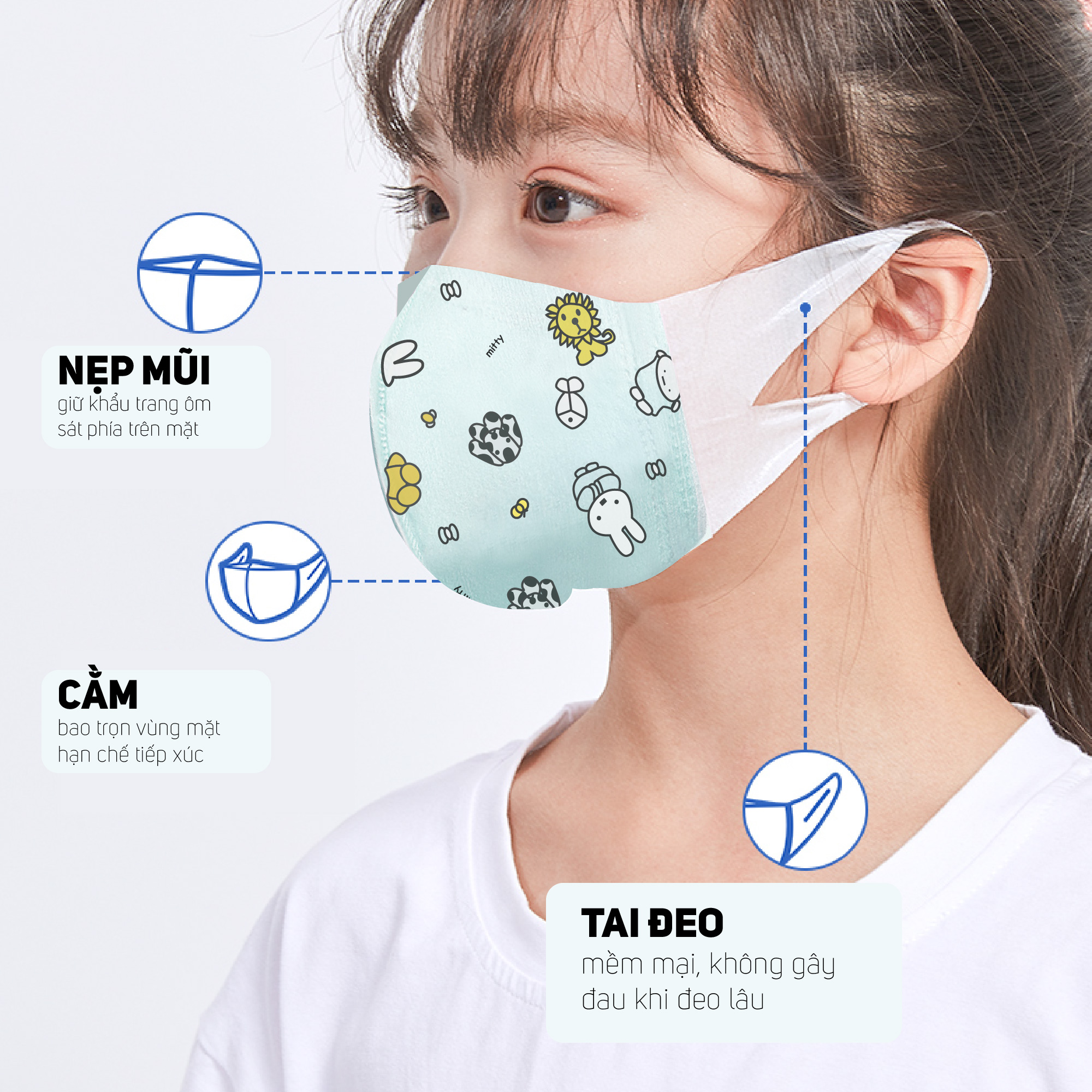 Khẩu trang ngăn khói bụi 3DKids Mask dành cho trẻ em từ 2-8 tuổi,khẩu trang dành cho cả bé trai và bé gái,khẩu trang sử dụng chất liệu mềm mại thoáng mát nhưng rất an toàn,khẩu trang cấu tạo 3 lớp chống bụi bẩn