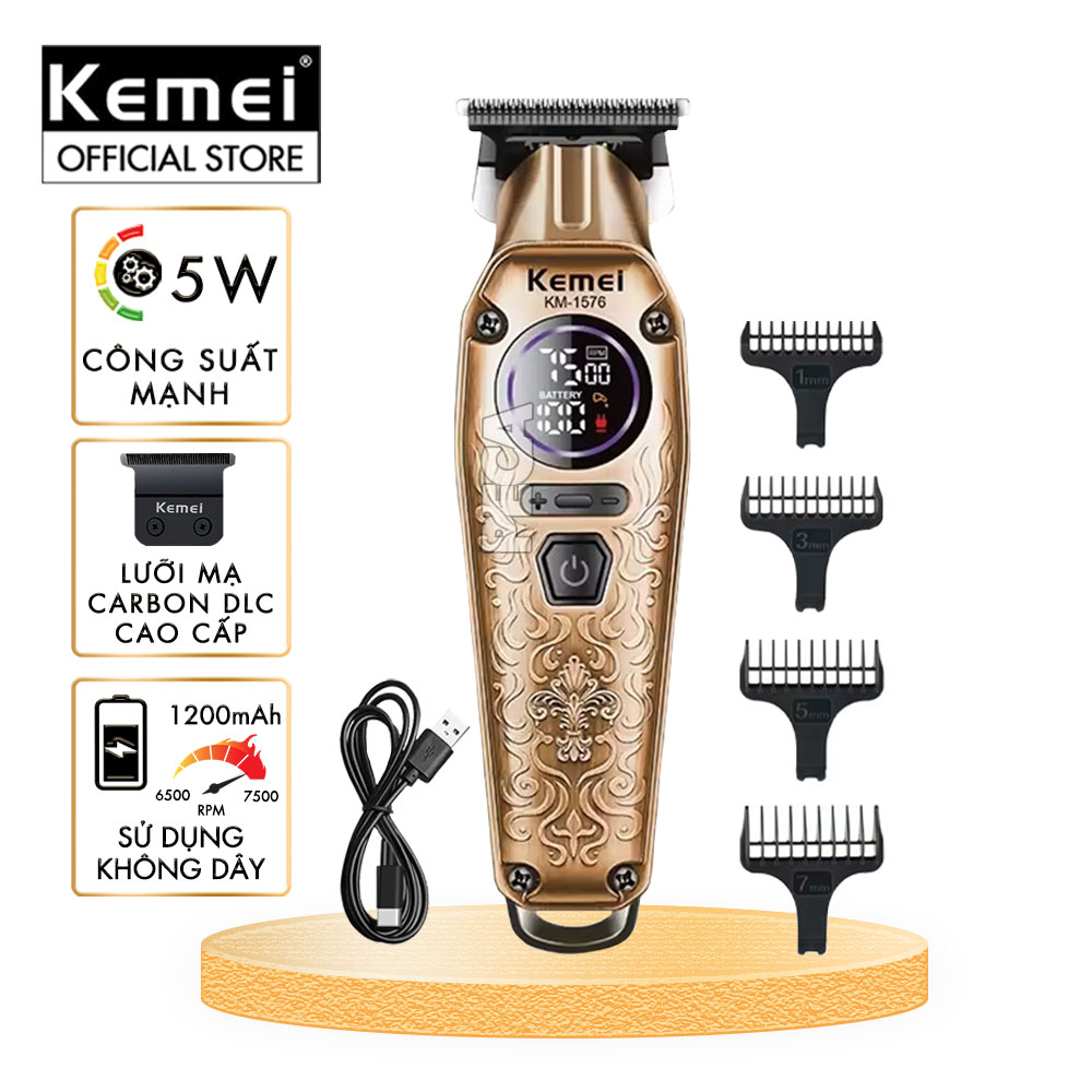 Tông đơ chấn viền Kemei KM-1576 lưỡi cắt mạ carbon cao cấp công suất 5W, điều chỉnh 3 mức tốc độ - Chính hãng