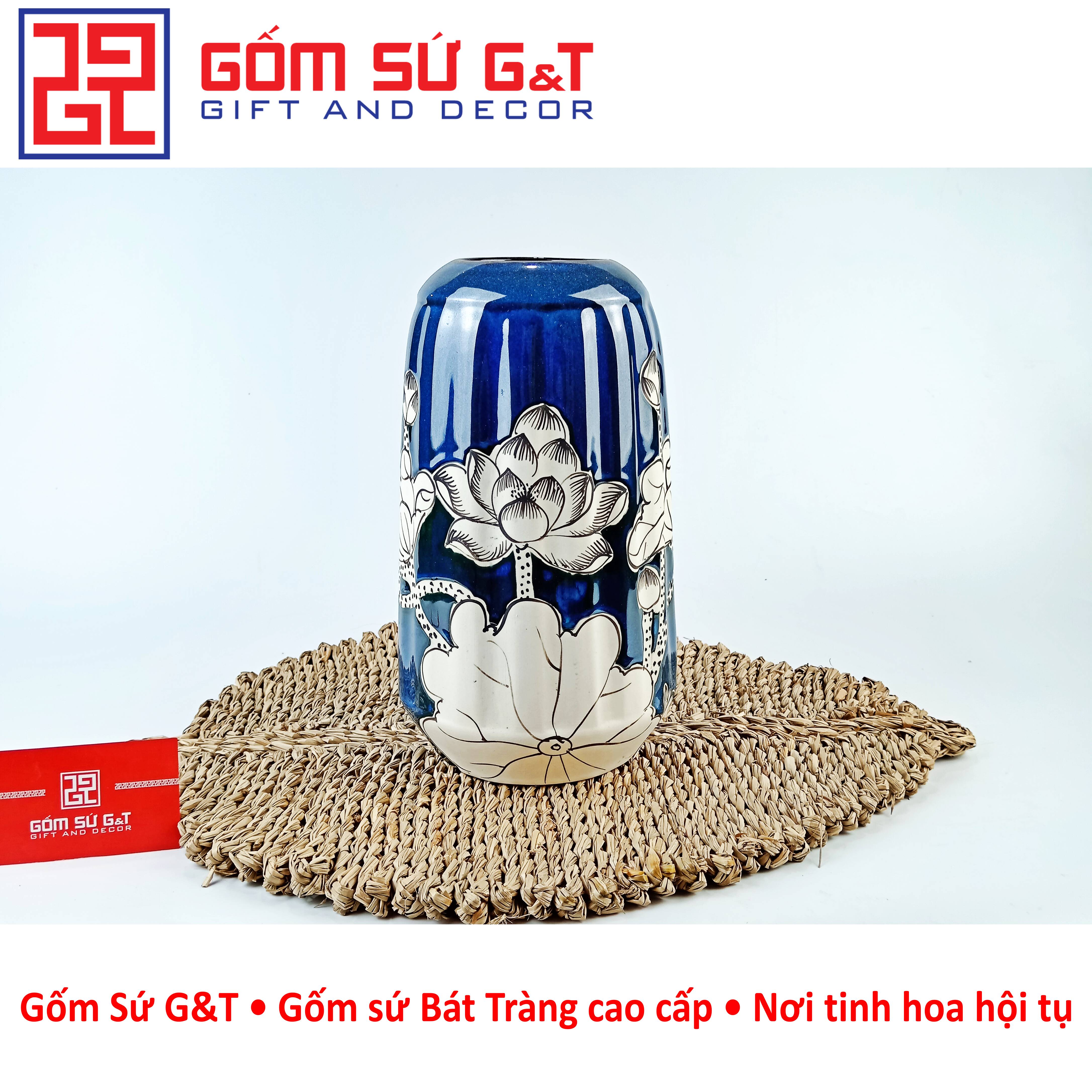 Lọ hoa men hỏa biến lá dứa miệng thấp vẽ sen Gốm Sứ G&amp;T
