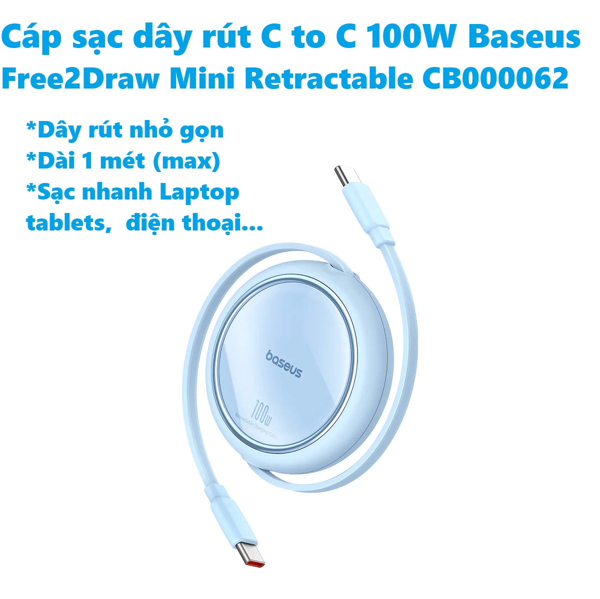 Cáp sạc dây rút C to C 100W cho macbook laptop Baseus  Free2Draw Mini Retractable CB000062 _ hàng chính hãng