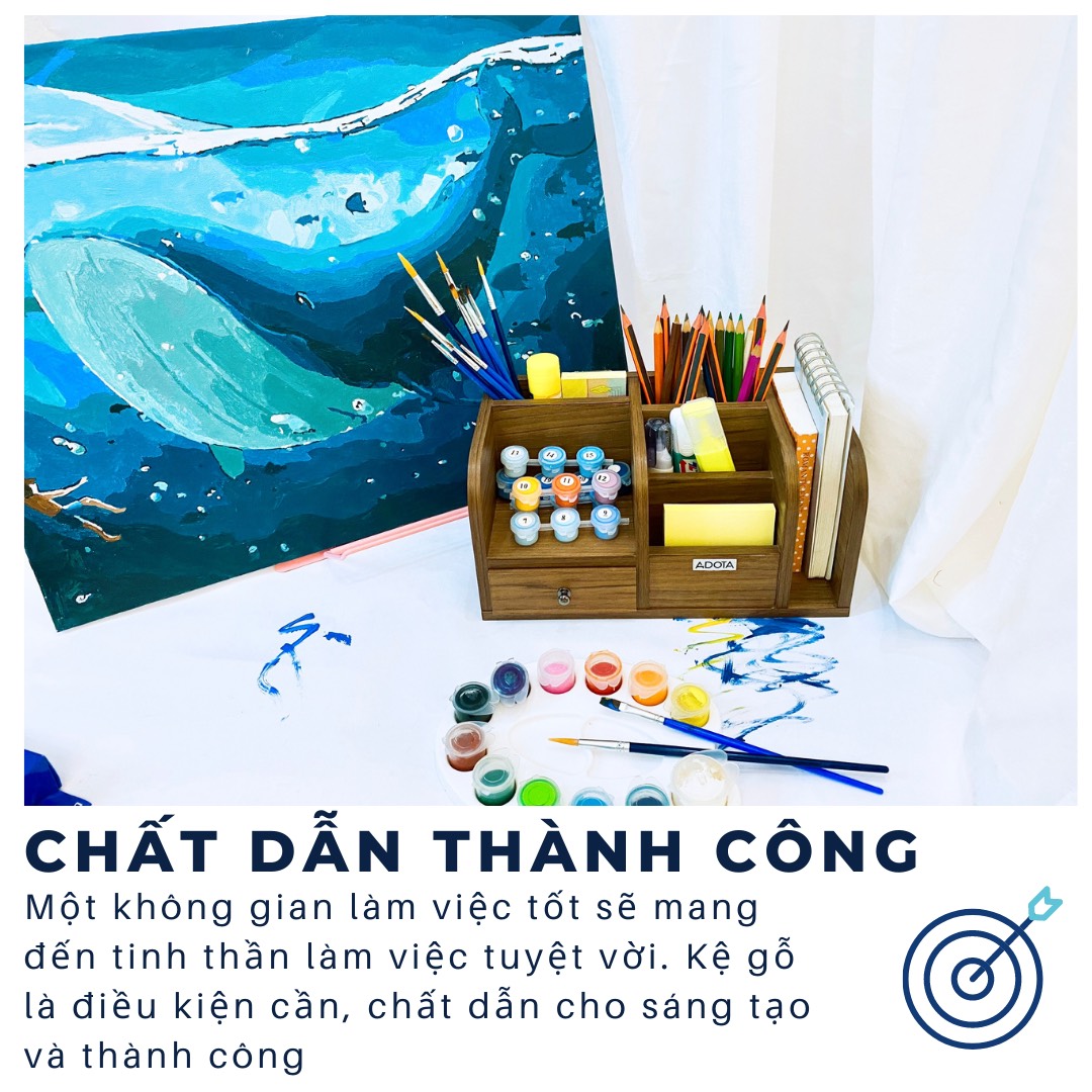 Combo: Kệ gỗ để bàn và hộp cắm bút đôi bằng gỗ để bàn làm việc cao cấp phong cách sang trọng ADOTA