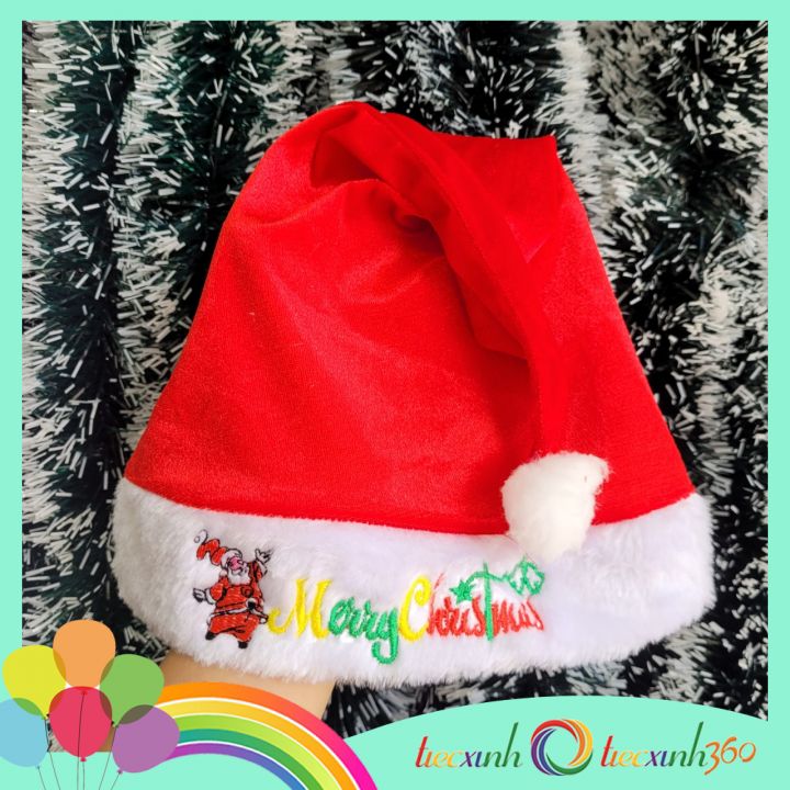 Nón Noel vải nhung viền thêu chữ Merry Christmas