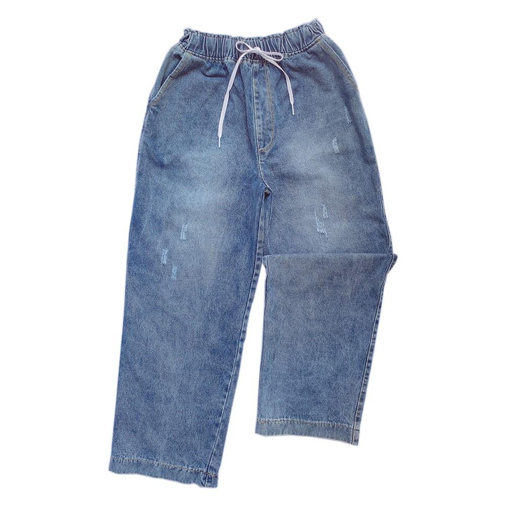 Quần jean nữ quần bò ống rộng cạp cao lưng thun chất cotton không co dãn màu xanh