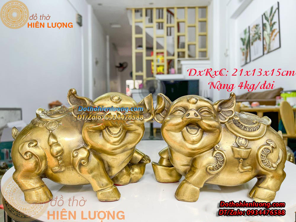 Đôi Tượng Heo Lưng Chữ Phúc - Heo Đắc Phúc Bằng Đồng Kích Thước 21x13x15cm, Nặng 4kg/đôi - Đồ Thờ Hiên Lượng