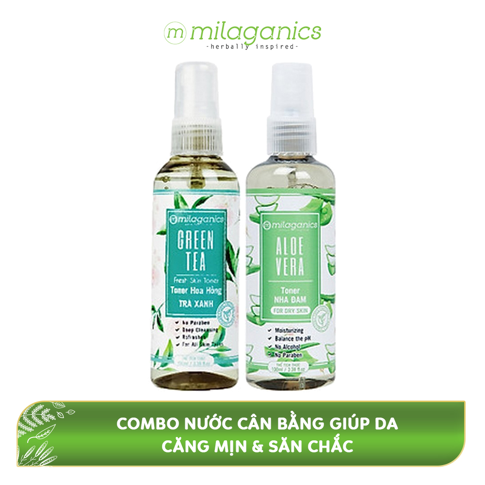 Combo Nước Cân Bằng Giúp Da Căng Mịn Và Săn Chắc: Toner Hoa Hồng Trà Xanh Và Toner Nha Đam Milaganics (100ml/Chai)