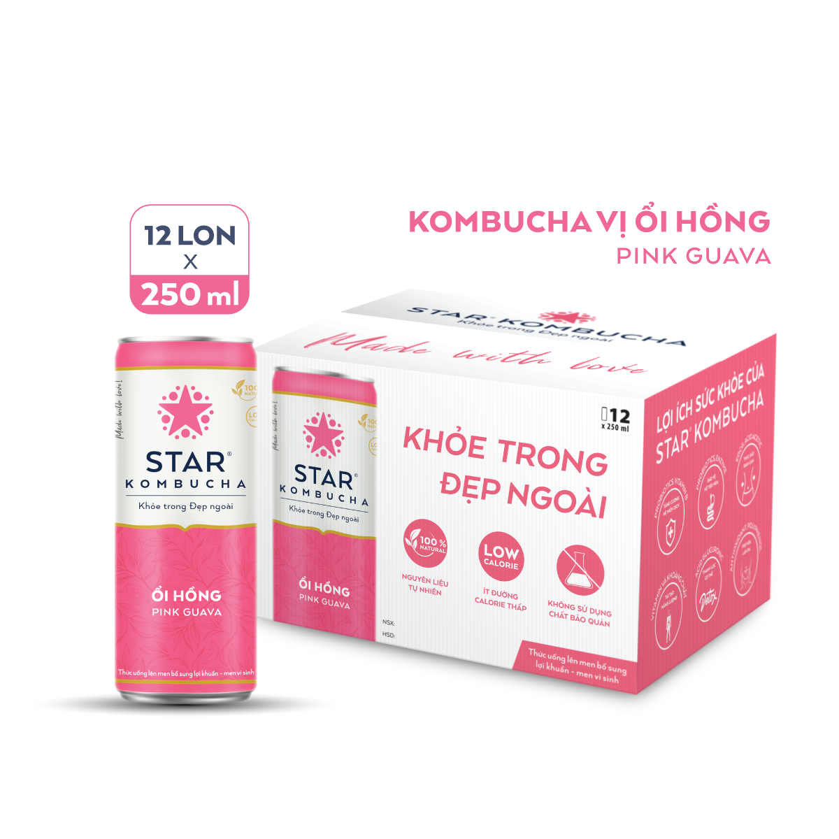 Thùng 12 lon thức uống lên men STAR KOMBUCHA Ổi Hồng / Pink Guava (250ml/lon)