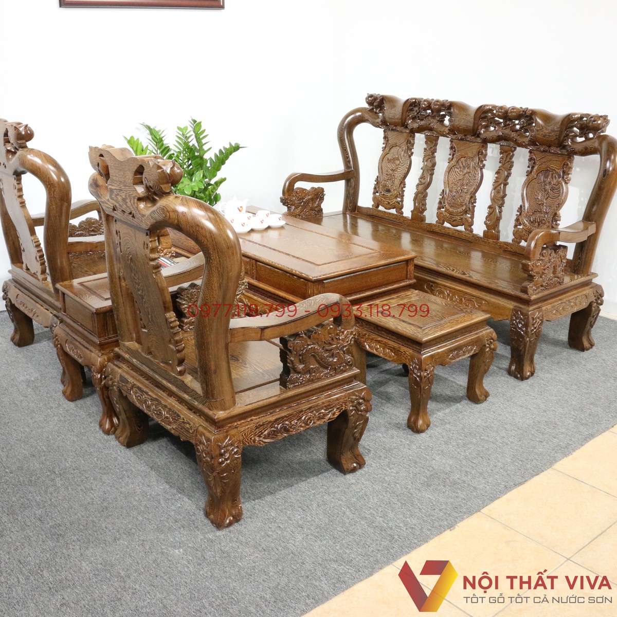 Bộ Bàn Ghế Salon Gỗ Mun Chạm Đào Tay 10 6 Món