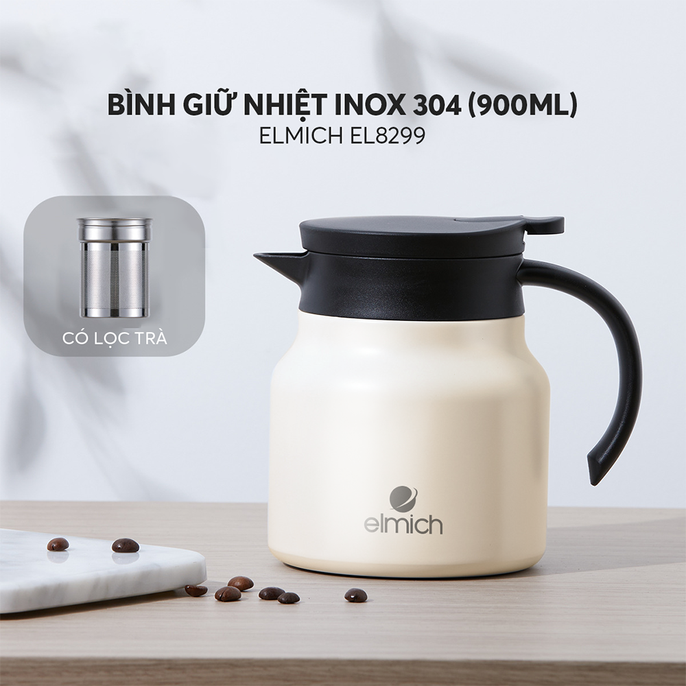 Bình Giữ Nhiệt Gia Đình INOX 304, Tráng bạc Elmich EL-8299 (Mầu Kem, Dung tích 900ml, Có Lưới Lọc Trà, Giữ Nóng 8h - Giữ Lạnh 12h) - Hàng Chính Hãng