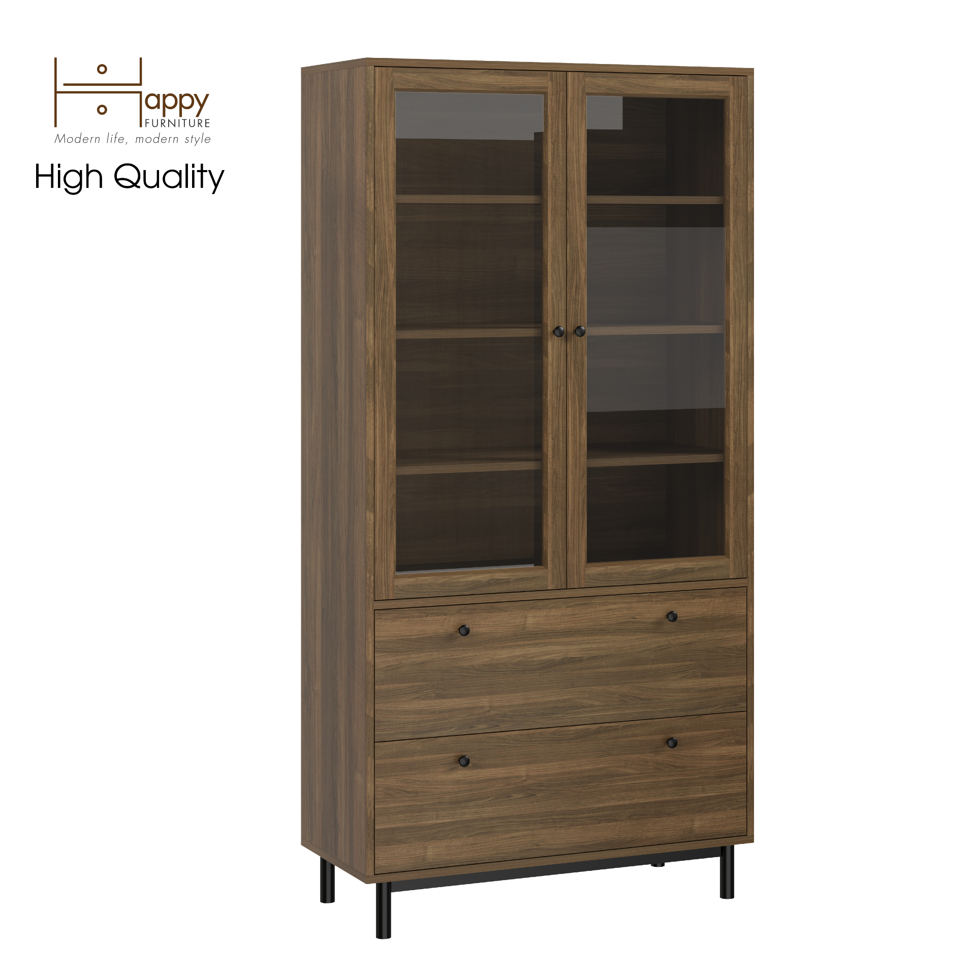 [Happy Home Furniture] CATY , Kệ sách 6 tầng cửa kính 2 ngăn kéo - chân sắt ,  90cm x 39cm x 180cm (DxRxC), KSA_019