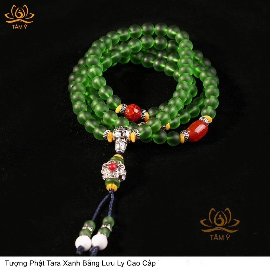Chuỗi 108 Hạt Lưu Ly Cao Cấp Đặc Biệt Màu Xanh Lục , Xanh Tara Lục Độ Mẫu Pháp Bảo Kim Cang Thừa Mật Tông Tâm Ý