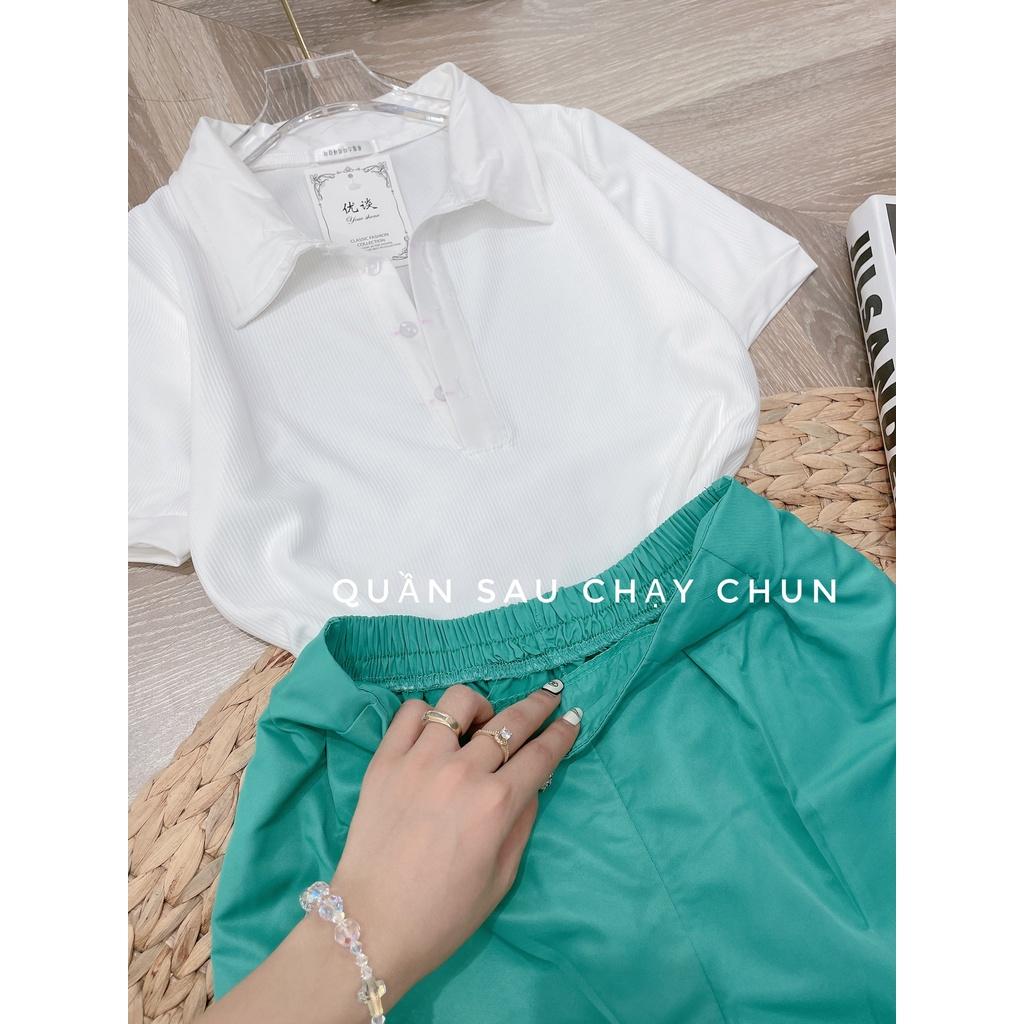 Bộ đồ nữ sang chảnh Set áo phông trắng cổ bẻ polo mix quần short ống rộng tacta xanh ngọc thời trang