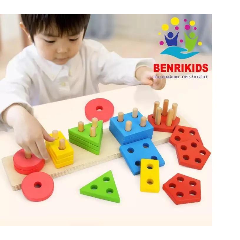 Giáo Cụ Montessori Thả Hình Khối Trên Thanh Bằng Gỗ Cho Bé