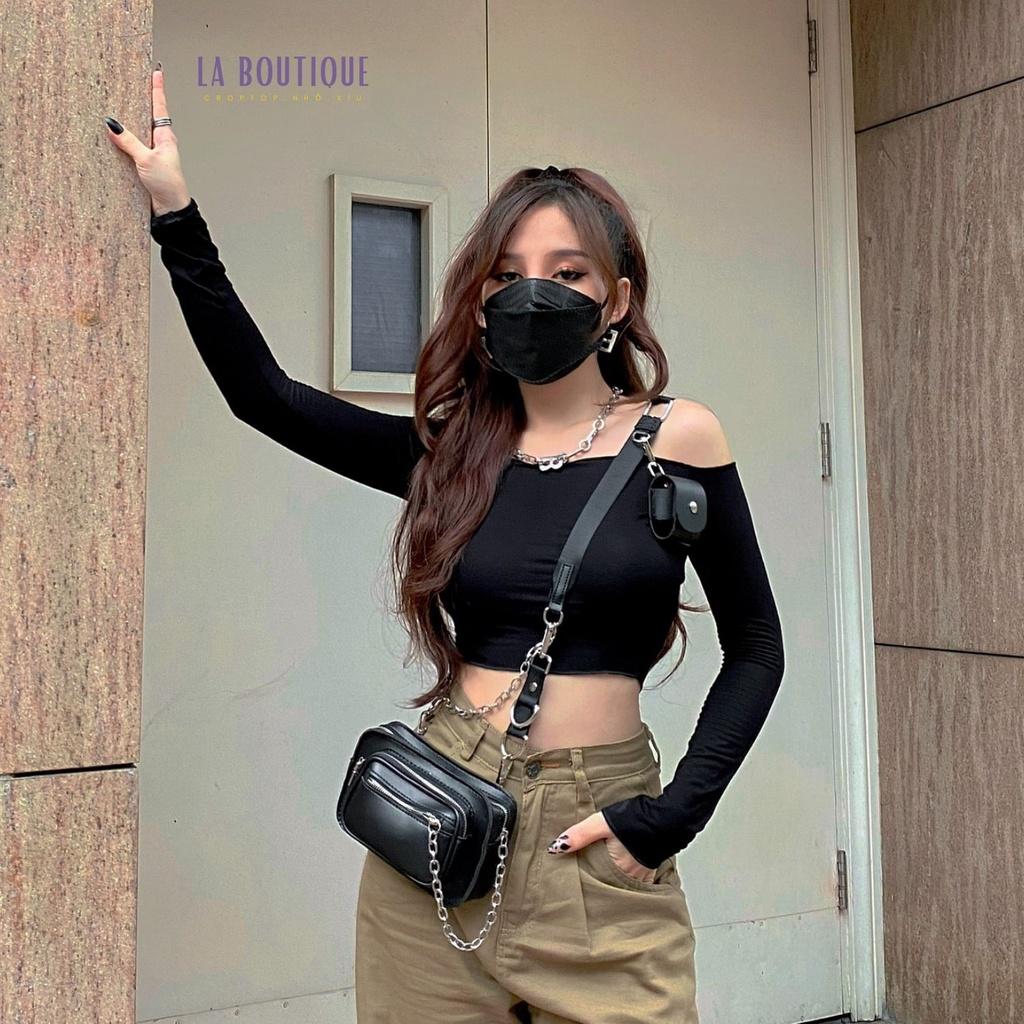 Hình ảnh Áo croptop nữ La Boutique trễ vai tay dài freesize thun co giãn 4 chiều, phù hợp đi chơi dạo phố nhẹ nhàng