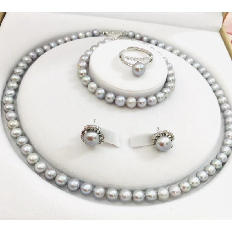 Bộ Trang Sức 4 Món Màu Xám 9 Ly, Bộ Trang Sức Ngọc Trai Nước Ngọt Tự Nhiên - Ngọc Trai Trường Thịnh